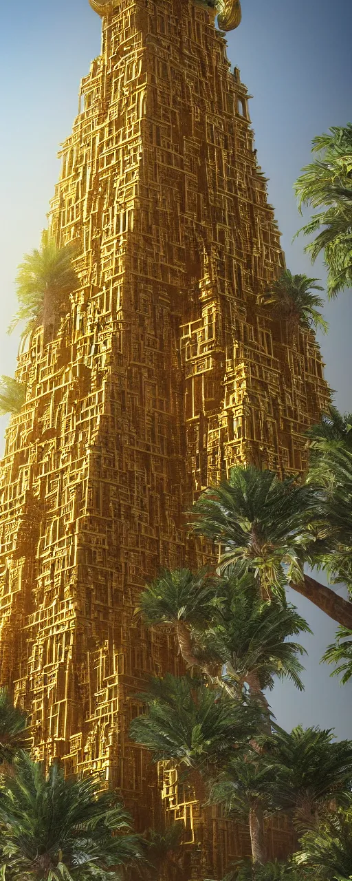 Image similar to eye level view of single tower, golden facade babylon tower, sacred ancient architecture, hanging gardens, cascading highrise, arid mountains with lush palm forest, sunlight, post - production, octane, cgi, sfx