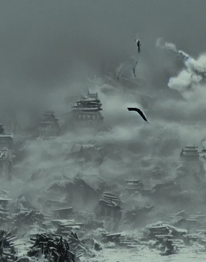 Image similar to a filmstill of a north korean monster movie, kaiju - eiga monster starfish - like trampling a traditional korean palace, foggy, film noir, epic battle, etheral, explosions, thriller, by akira kurosawa and wes anderson video compression