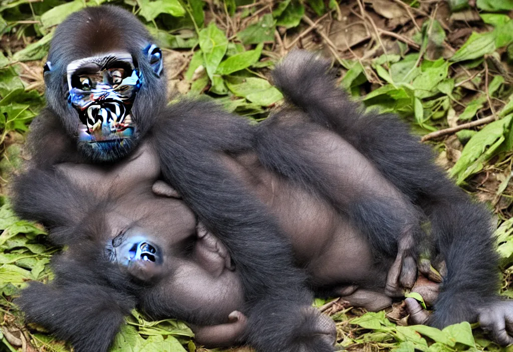 Image similar to “ a baby gorilla laying on the ground in the jungle, a jigsaw puzzle by alex petruk ape, trending on flickr, primitivism, national geographic photo, uhd image, creative commons attribution ”