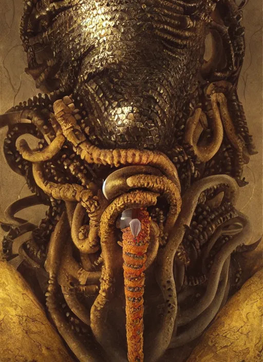 Prompt: portrait of king arthur knight medusa cyborg feeding from a mouth tube, kintsugi, modern fine art, fractal, intricate, elegant, highly detailed, digital photography, subsurface scattering, by jheronimus bosch and carravagio and greg rutkowski,