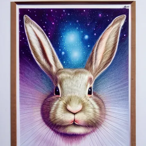 Prompt: rabbit face only, nebula space background, pencil drawing, higher detailed, realistic, pastel, by walton ford