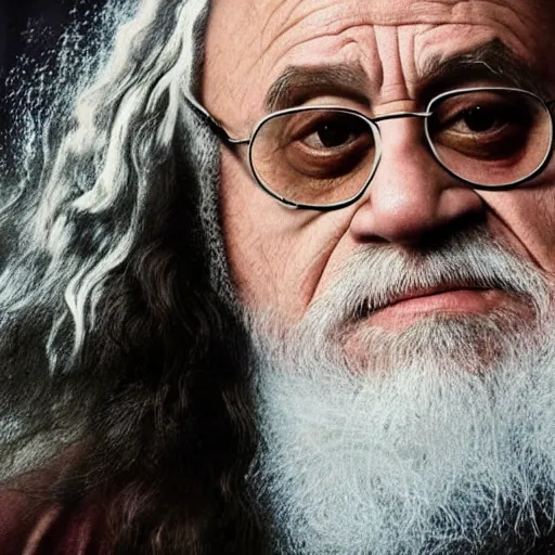 Image similar to danny devito starring as gandalf the white in the 2 0 2 4 lord of the rings movie, full body, hyper realistic, high quality, wide angle, always sunny in philadelphia, with hat