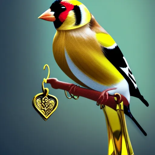 Image similar to goldfinch with a message inside is decorated with jewels and hangs from the neck of a valkyrie with armor, in the background you can see the fountain of a park. digital art, fantasy art, photo realistic, dynamic lighting, artstation, poster, volumetric lighting, hyperrealistic, 4 k, award winning