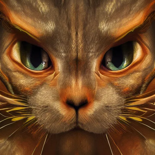 Image similar to portrait a half rabbit, half cat chimera, liquid oilpaint, gustave dore, leonardo da vinci, trending on artstation, lucid and intricate, rectilinear, digital art, octane, redshift, vray, 8 k, 6 4 megapixels, zbrush central, behance hd, hypermaximalist, well rendered