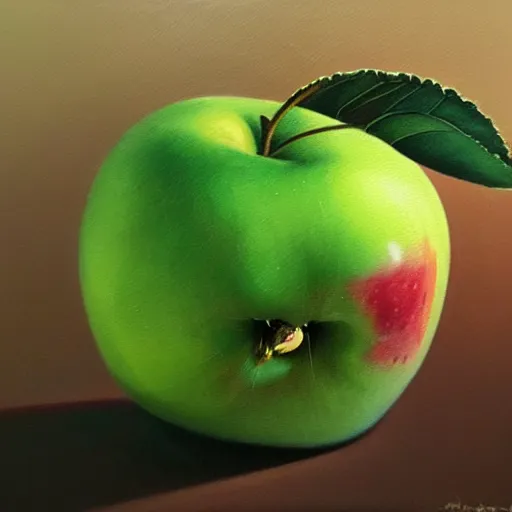 Image similar to a hyper-realistic studio oil-painting of an-apple; hyper-detailed; an extraordinary masterpiece!!!; flawless; trending on artstation