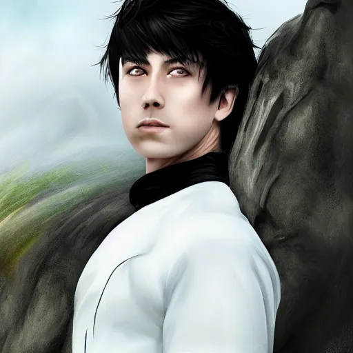 Image similar to a portrait of a young handsome prince, white hair, fringy bangs, white shirt and black tunic, smooth, epic clouds, beautiful landscape, backlit, incredible lighting, strong rim light, highly detailed, god rays, digital painting, HDRI, by Heise Jinyao, Heise-Lian Yan Fang, Feimo, Richard Taddei, vivid colors, high contrast, 8k resolution, intricate, photorealistic