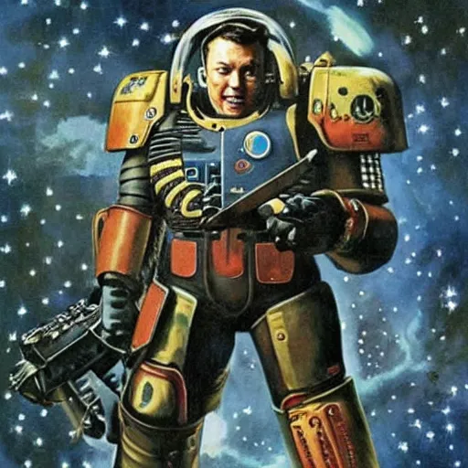 Image similar to elon musk as a space marine, by norman rockwell,