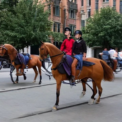 Prompt: Western, people on horses with wheels instead of legs