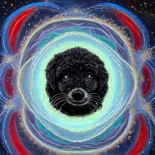 Prompt: a small black labradoodle in space emerging from a fractal portal. award - winning. oil painting. funny. surreal.