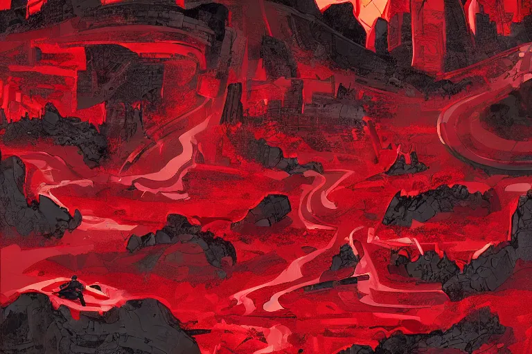 Image similar to red themed mashup lava landscape with movie characters, cinematic, die hard, marvel, disney, indie, highly detailed, featured on artstation, highly detailed, abstract