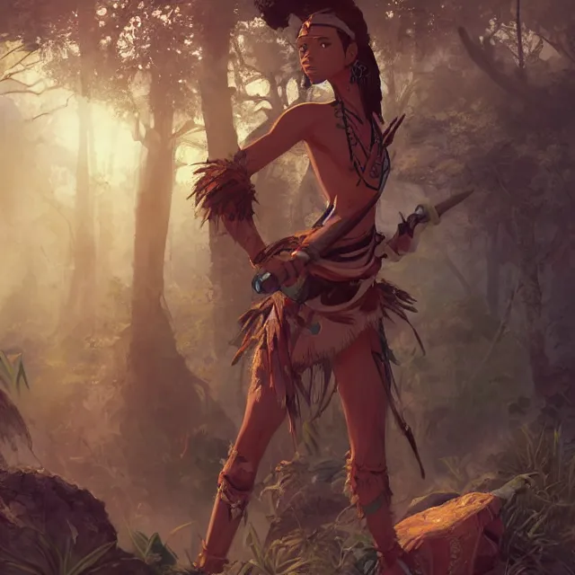 a female tribal warrior in the jungle, african. By, Stable Diffusion