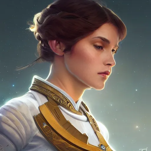 Image similar to ultra realistic illustration, beautiful female starship captain on the bridge, intricate, elegant, highly detailed, digital painting, artstation, concept art, smooth, sharp focus, illustration, art by artgerm and greg rutkowski and alphonse mucha