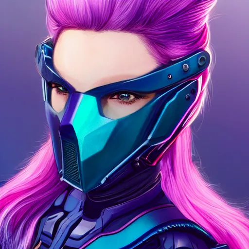 Image similar to a stunning upper body portrait of a beautiful young woman wearing futuristic navy blue and teal battle bodyarmor and pauldrons and ombre purple and pink hairstyle with hair blowing in the wind, by marvel comics, outrun, vaporware, highly detailed, fine detail, intricate, digital art, trending on artstation