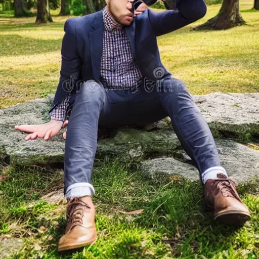 Prompt: 3 0 year old stylish man using smartphone outdoors in the park realistic image, 4 k 3 0 mm photography, stock image