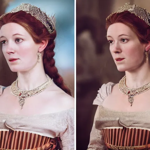 Image similar to attractive scandinavian duchess wearing an 1 7 th century french off - the - shoulder neckline dress, wow 4 k detail fantasy, matte painting, realistic materials, photo realistic, postprocessing, cinematic, hyperrealistic, studio lighting, ekaterina, the tudors, photography by richard jenkins