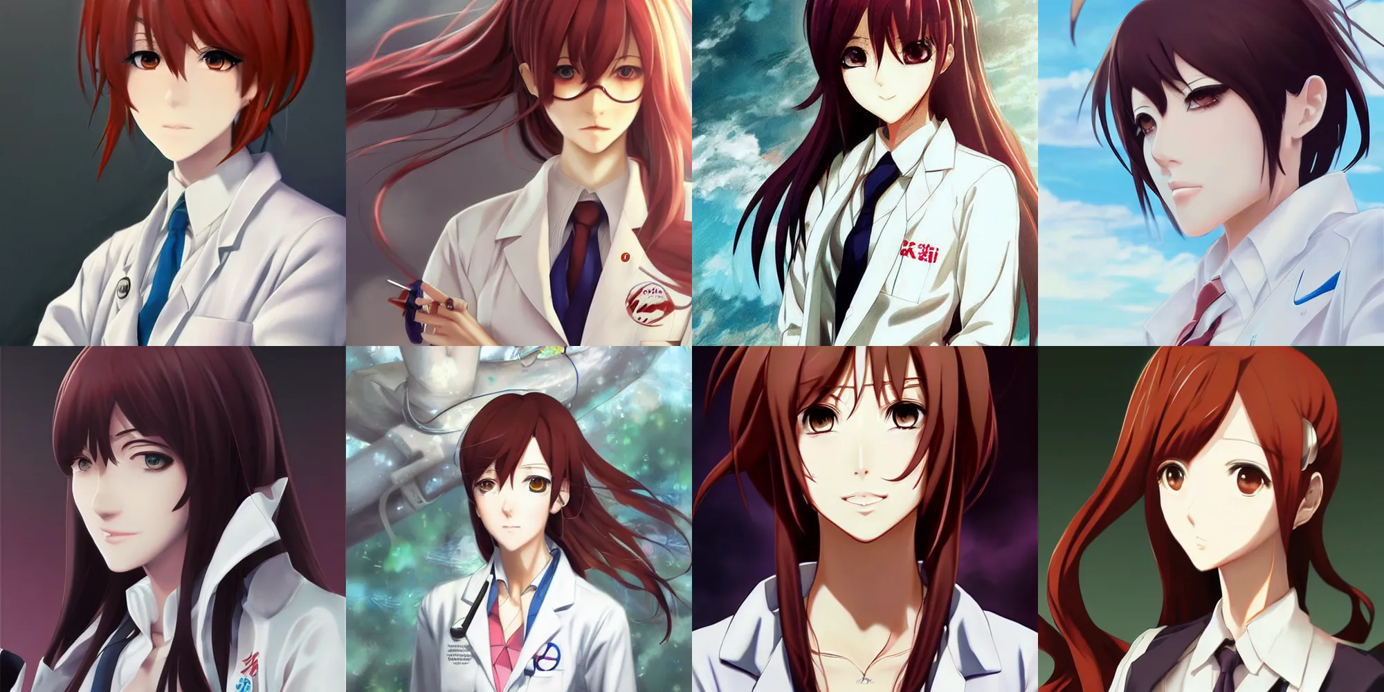 Image similar to detailed anime portrait art of kurisu makise wearing a lab coat, art by ross tran ilya kuvshinov krenz cushart, detailed, intricate