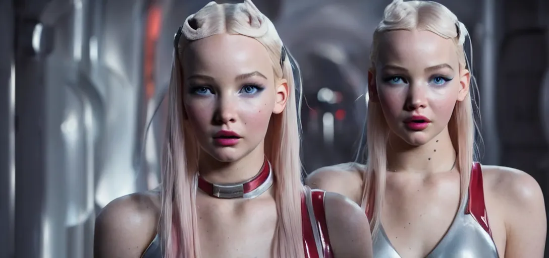 Prompt: a young woman who is a mix of dove cameron and madison beer and milla jovovich and jennifer lawrence stars as leeloo in the 2 0 2 4 remake of the 5 th element, cinematic still, promotional photo, 8 k hdr, dramatic pose