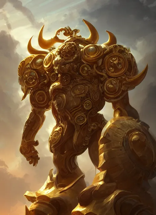 Image similar to a highly detailed illustration of gentle colossal golden horned greek mechanical giant, with cute doting eyes, intricate, elegant, highly detailed, centered, digital painting, artstation, concept art, smooth, sharp focus, league of legends concept art, wlop.