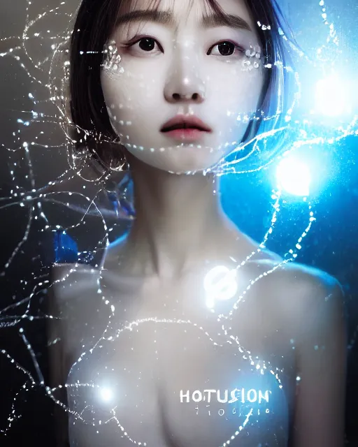 Image similar to beautiful centered fine art photo portrait of hoyeon jung as a solarpunk robotic humanoid, half body above water, white mechanical parts with led lights, ultra - realistic and detailed, white background, natural lighting, soft focus, slow exposure hdr 8 k