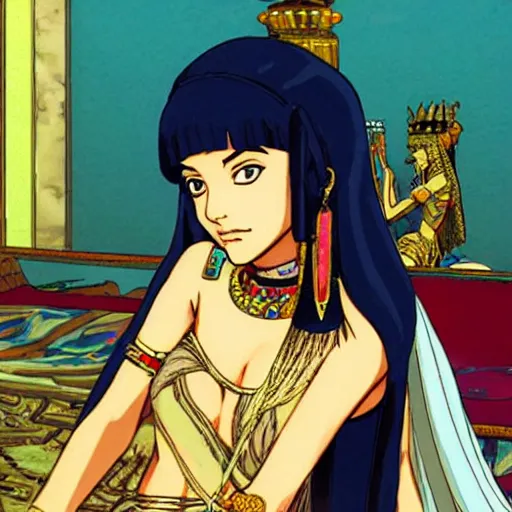 Prompt: Cleopatra of Egypt in her palace, relaxed and candid, anime portrait by Satoshi Kon and Yoji Shinkawa