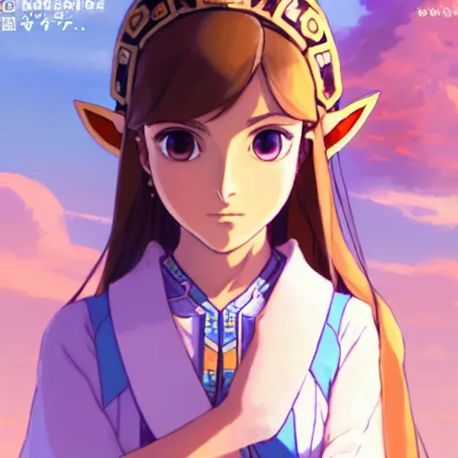 Image similar to a beautiful! boyish! natalie portman as zelda from botw, alluring gravure! model, wearing japanese school girl outfit with mayan pattern and native style, aztec street fashion, gapmoe yandere grimdark, trending on pixiv fanbox, painted by greg rutkowski makoto shinkai takashi takeuchi studio ghibli, akihiko yoshida