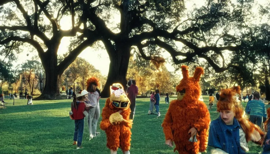 Image similar to 1990s candid photo of a beautiful day at the park, cinematic lighting, cinematic look, golden hour, large personified costumed tree people in the background, Enormous tree people mascots with friendly faces, kids talking to tree people, UHD