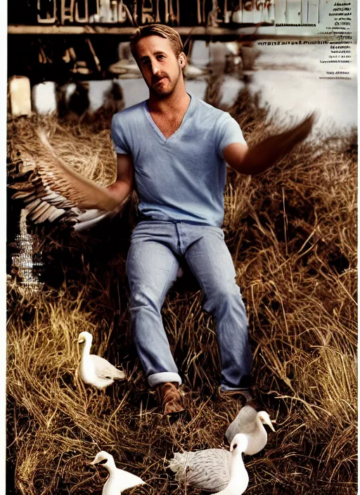 Image similar to ryan gosling fused with a goose, bird with arms, humanoid goose, natural light, bloom, detailed face, magazine, press, photo, steve mccurry, david lazar, canon, nikon, focus