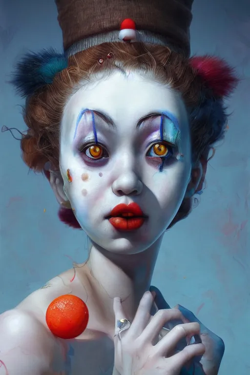 Image similar to breathtaking detailed painting of clown girl , with anxious, piercing eyes, Atari game cover art by Hsiao-Ron Cheng, James jean, Miho Hirano, Hayao Miyazaki, extremely moody lighting, hyperrealistic, octane render, RPG portrait, ambient light, dynamic lighting