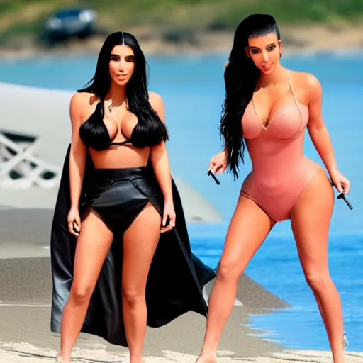 Prompt: kim kardashian fights ariana grande on hot sunny beach