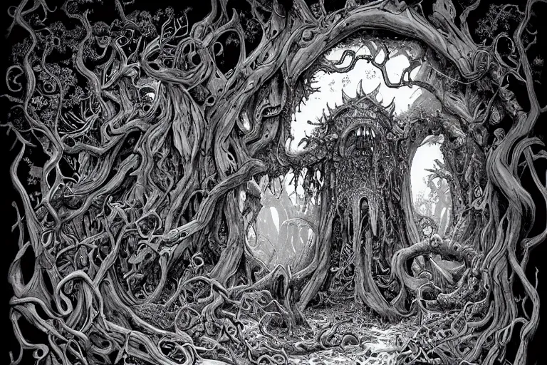 Image similar to portal to a lovecraftian realm in the gnarled woods by Joe Fenton