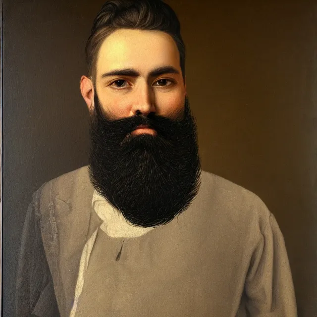 Prompt: a striking portrait of a bearded man in his 3 0 s, he has grey streaks in his beard, detailed, oil painting