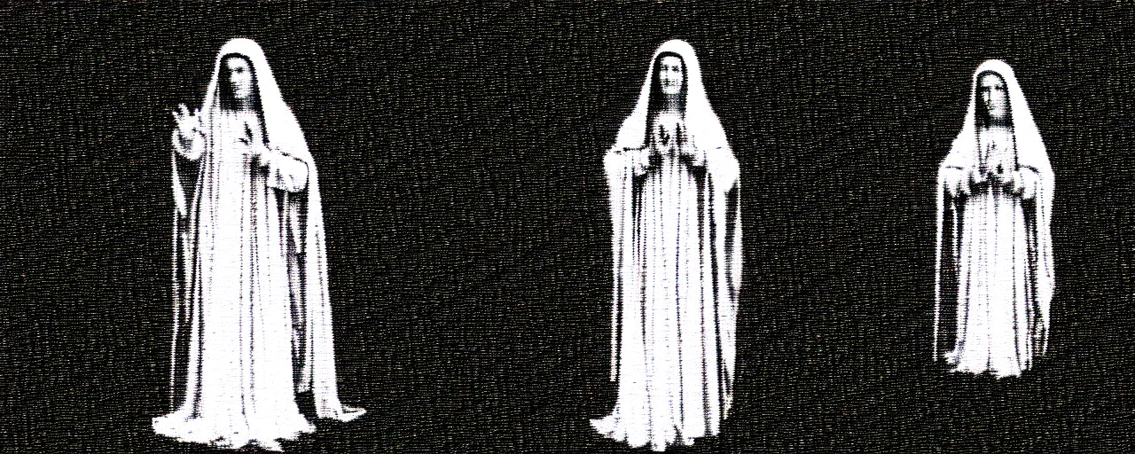 Image similar to vhs static overlay of marian apparition, vhs, 1 9 9 0, highly realistic, highly detailed, vhs noise static, black and white, vhs glitch