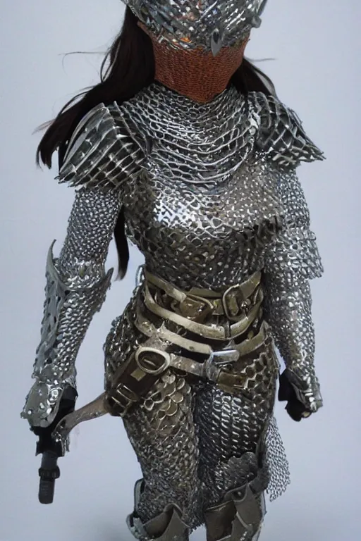 Image similar to female adventurer in tight full - body chainmail - style armor made out of several hundred sticky notes and a white porcelain crow mask, trending in artstation, japanese, artstation, establishing shot