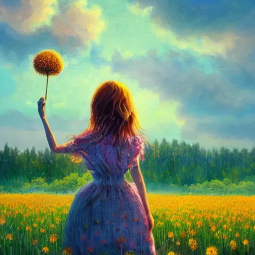 Image similar to girl with dandelion as a face, surreal photography, dream, standing in flower field, hills, big trees, sunrise dramatic light, impressionist painting, colorful clouds, digital painting, pointillism, artstation, simon stalenhag