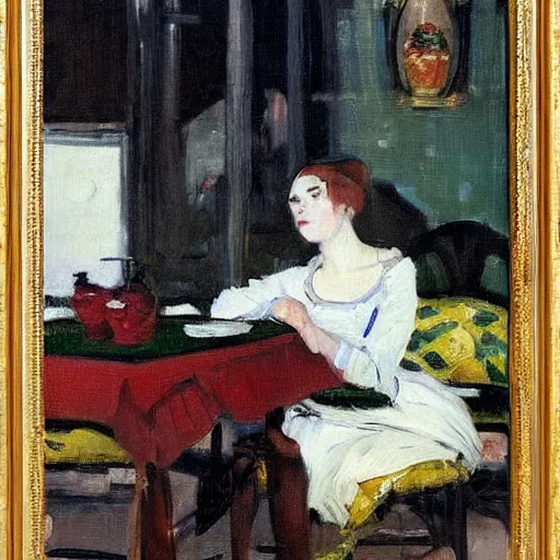 Image similar to a young beautiful lady is sitting at the table, in style of Valentin Serov,