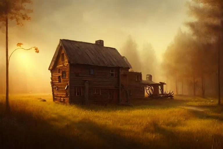 Image similar to a wood house walking with two mechanical legs, rust, hyperrealistic, highly detailed, cinematic, single ray of sun, fog, beautiful, cgssociety, artstation, 8 k, oil painting