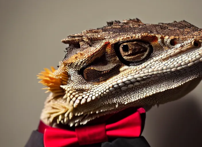 Image similar to dslr portrait still of a bearded dragon wearing a top hat and a red bowtie, 8 k 8 5 mm f 1. 4