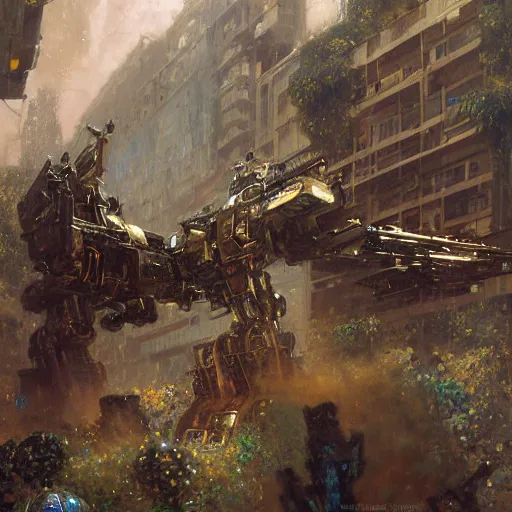 Image similar to six meters tall mech fighting in an urban environment, epic action scene, by gaston bussiere craig mullins jc leyendecker gustav klimt artgerm greg rutkowski john berkey, bergey, craig mullins, ruan jia, raymond swanland, jeremy mann, tom lovell, alex malveda, raytracing