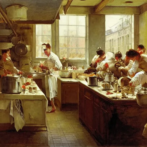 Image similar to a busy kitchen full of chefs, by mead schaeffer and jean - honore fragonard