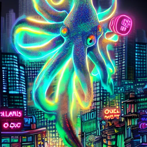 Prompt: big octopus monster burning neon city digital art, highly detailed, 4k,