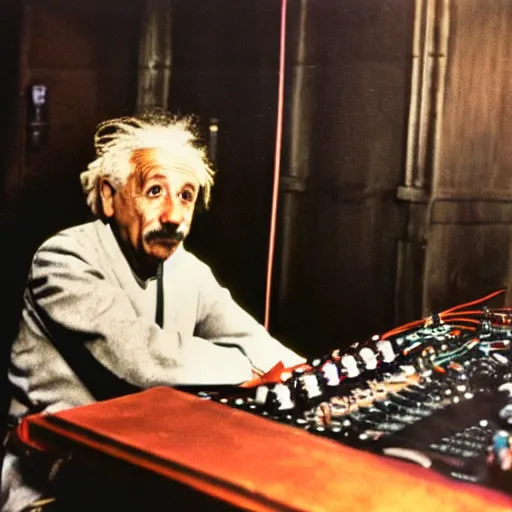 Image similar to color photograph of Albert Einstein DJ at a nightclub, in color, color photograph, colors
