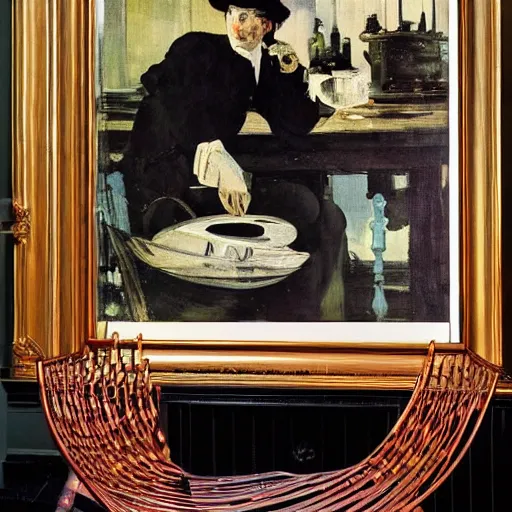 Prompt: a beautiful painting dark geometrical tremendum rapids basin copper chair, by edouard manet and william hogarth, tiki, dc comics impressionist symetrical parisian sauvignon,