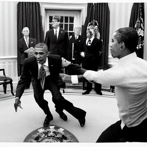 Image similar to photo of president obama in the oval office fighting a man dressed in a swiss cheese costume