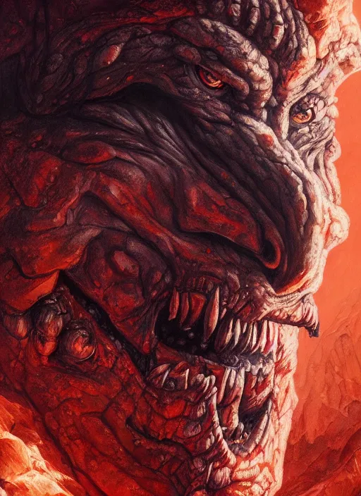 Image similar to close up portrait of a monster in the mountains of hell, oil painting by tomasz jedruszek, cinematic lighting, pen and ink, intricate line, hd, 4 k, million of likes, trending on artstation