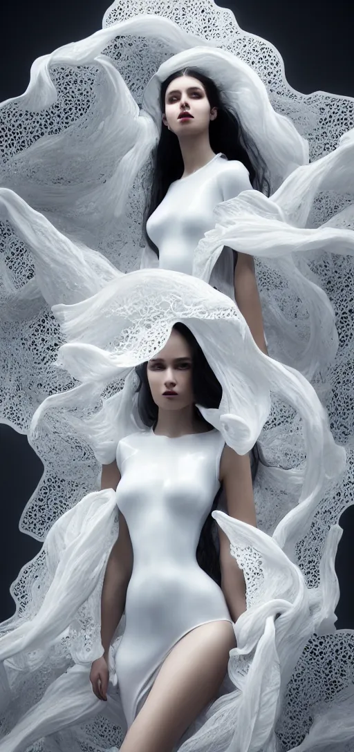 Image similar to an fierce nubile young woman with long dark hair, painted in futuristic white latex, waves of billowing doily dress, clear skin, elegant, graceful, fashionable, cinematic, hyperdetailed illustration by irakli nadar and alexandre ferra, depth of field, global illumination,