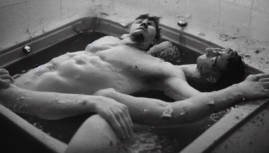 Prompt: hyper detailed movie still of marat knife at the chest, in a bath flooded with blood, cinestill 8 0 0 t 3 5 mm, high quality, heavy grain, high detail, cinematic composition, dramatic light, anamorphic, ultra wide lens, hyperrealistic, by josef sudek