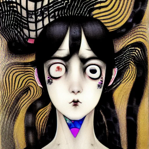 Image similar to yoshitaka amano blurred and dreamy realistic portrait of a young woman with black lipstick and black eyes wearing dress suit with tie, junji ito abstract patterns in the background, face in three quarter view, satoshi kon anime, noisy film grain effect, highly detailed, renaissance oil painting, weird portrait angle, blurred lost edges