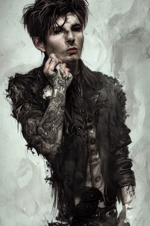 Prompt: a rough looking young man, very short brown hair, gothic, tattered leather coat, intricate, elegant, dramatic lighting, gorgeous face, highly detailed, lifelike, photorealistic, digital painting, artstation, illustration, concept art, smooth, sharp focus, art by John Collier and Albert Aublet and Krenz Cushart and Artem Demura and Alphonse Mucha