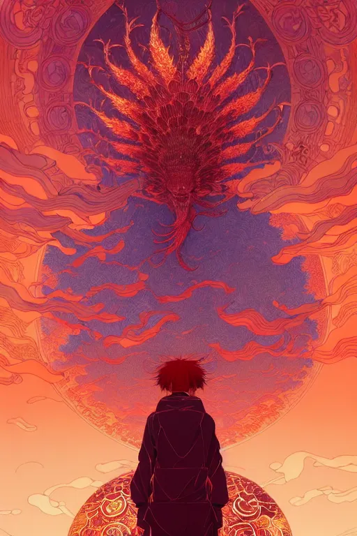 Image similar to a beautiful hyperdetailed character design 4 k wallpaper illustration of a huge reddish phoenix, victo ngai style, from china, style of studio ghibli, makoto shinkai, raphael lacoste, louis comfort tiffany, denoise, deblurring, artgerm, xision, james jean, ross tran, chinese style