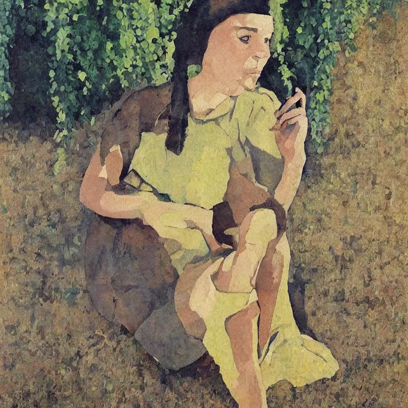 Prompt: a painted portrait of a women outdoors paused in thought, art by felice casorati, aesthetically pleasing and harmonious natural colors, expressionism, fine day, portrait